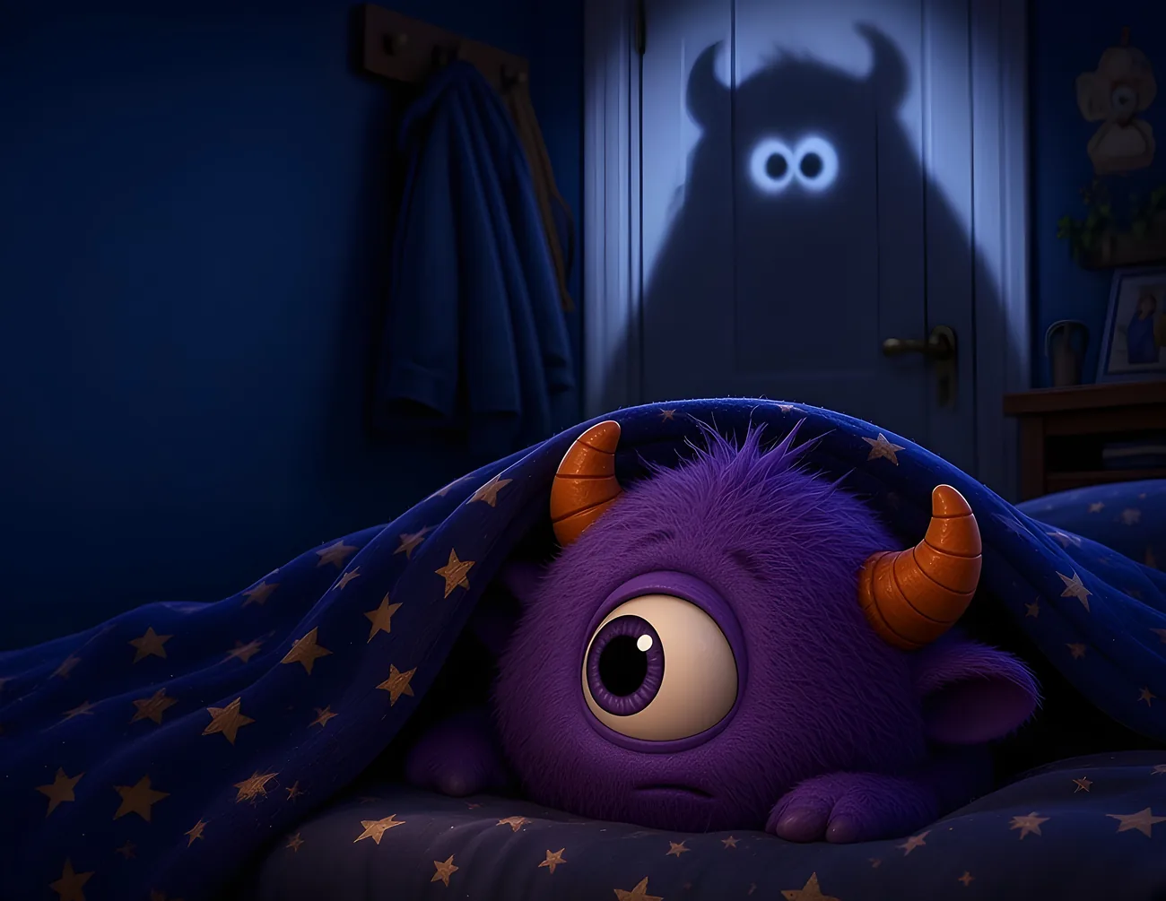 Sample page with the monster hiding under the blanket