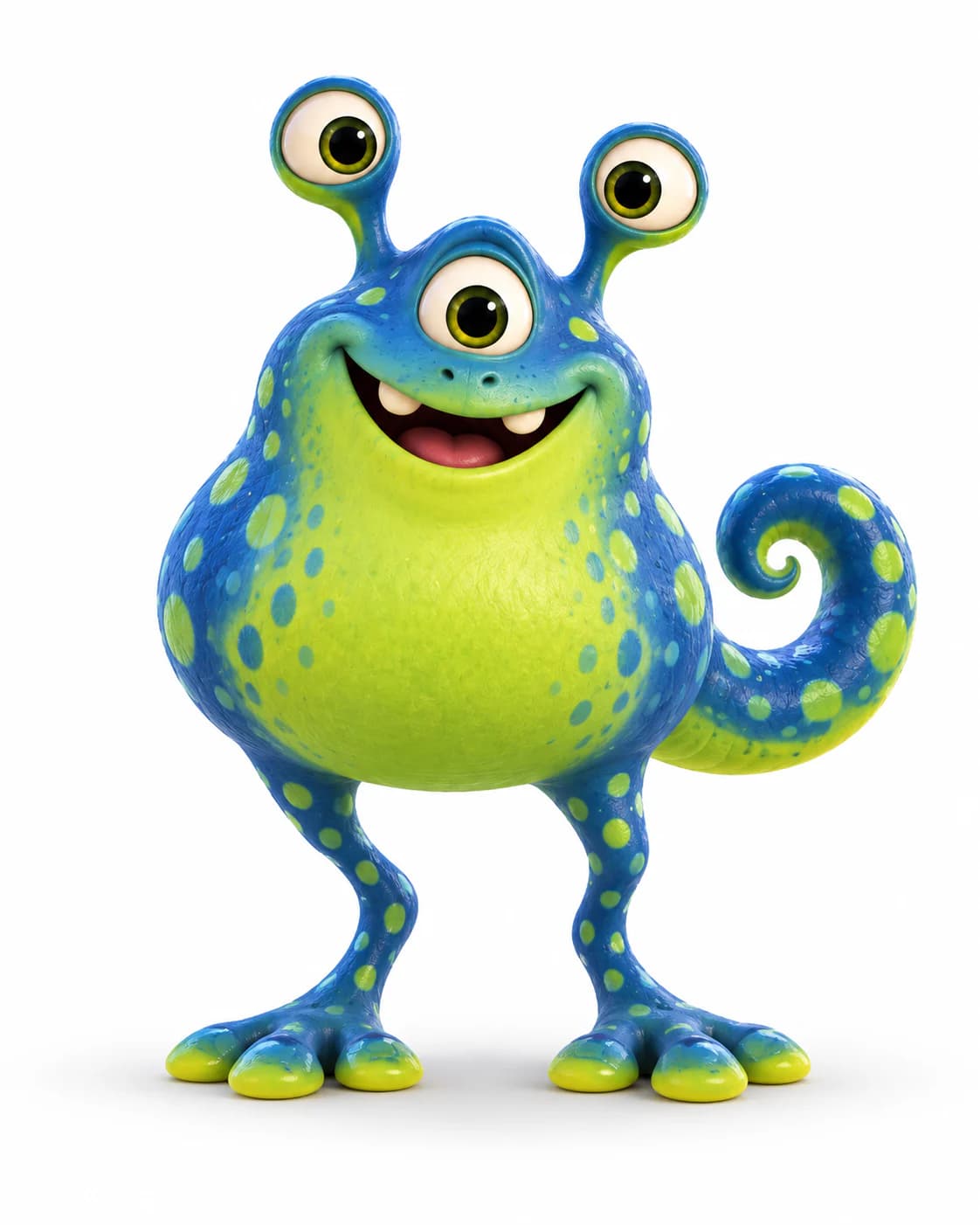 A smooth blue-and-lime amphibian monster with three eyes, two long legs, and a curled tail.