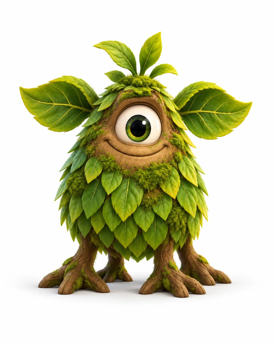 A one-eyed forest monster made from green leaves, moss, and bark with four root feet.