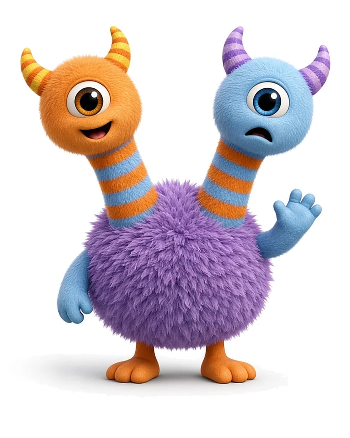 Bobs, a fluffy purple two-headed monster with one orange head and one blue head on striped necks, standing and waving.
